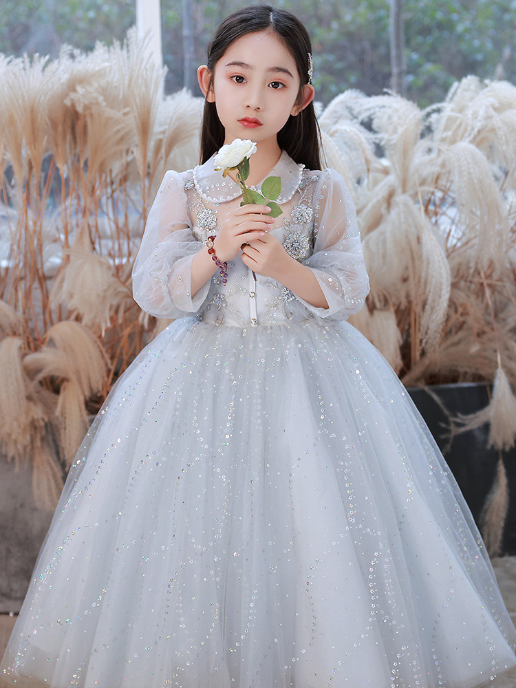 生日周岁女童礼服长袖灰色花童公主裙小女孩演出服小主持礼服