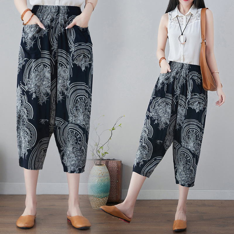 中老年妈妈棉绸七分裤夏季绵绸裤花裤子女休闲沙滩裤松紧腰灯笼裤