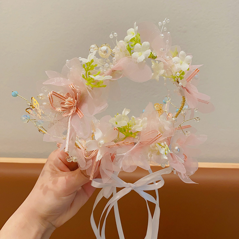 儿童珍珠花环发箍女童公主超仙编发飘带花童头花宝宝森系头箍发饰