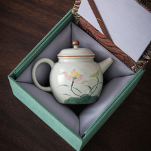 哥窑手绘荷花茶壶家用陶瓷大容量泡茶器功夫茶具礼品批发可印LOGO