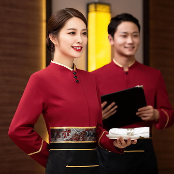 星级酒店工作服中式餐厅餐饮茶楼火锅饭店服务员长袖秋装带里衬