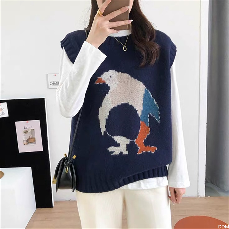 卡通企鹅圆领针织马甲女2021春季新款韩版显瘦毛衣背心坎肩上衣潮