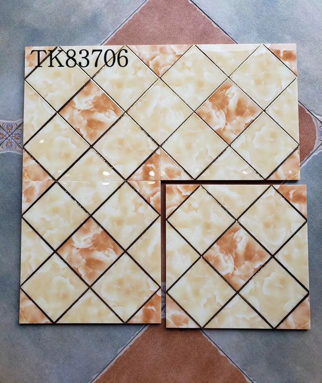 欧式镶金边菱形格子抛晶砖300x300厨卫阳台防滑地砖 镀金背景墙砖