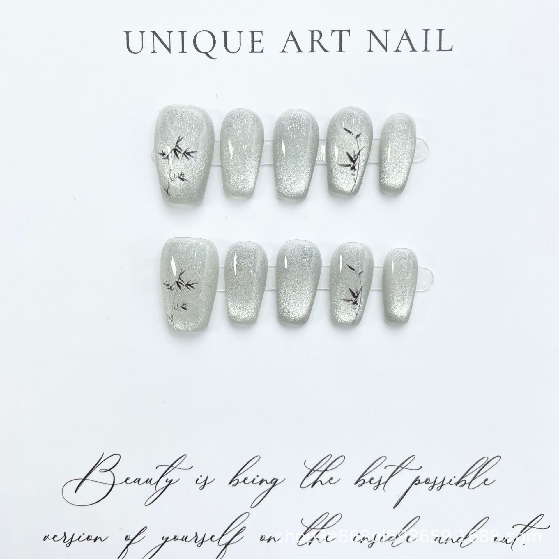 纯手工穿戴甲 小红书爆款丝绸追光猫眼竹子指甲贴 光疗美甲成品