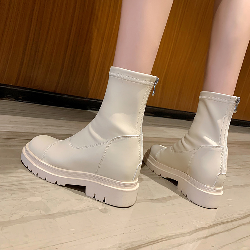 2021新款內增高馬丁靴女真皮白色靴子松糕厚底短靴騎士彈力瘦瘦靴