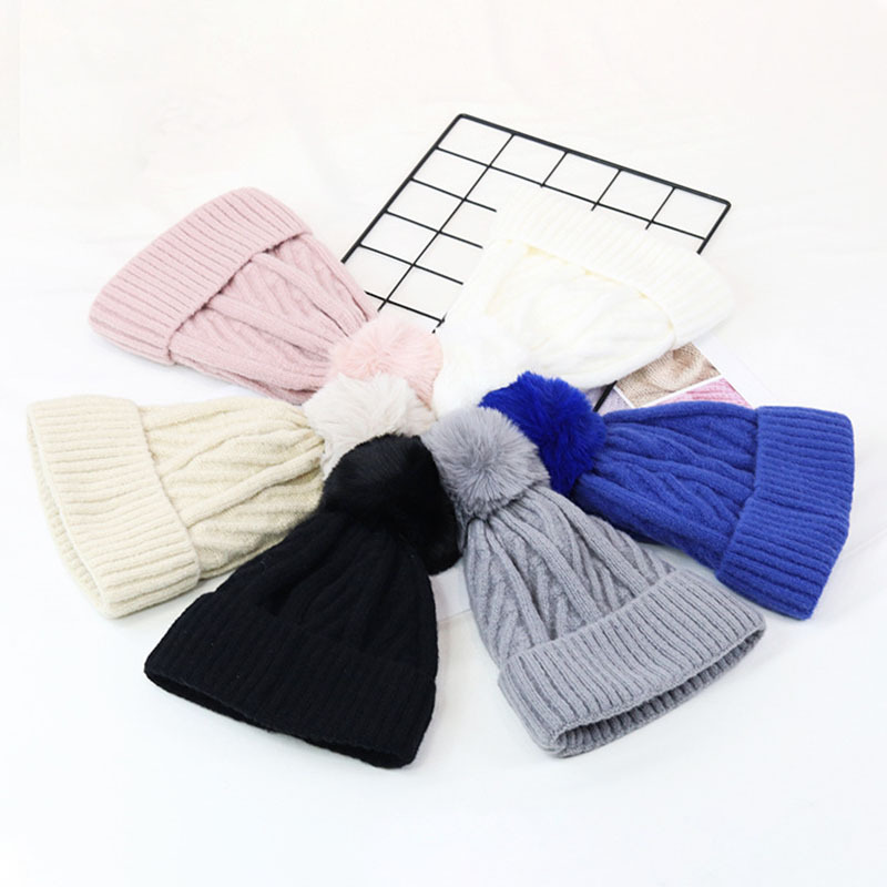 Hat Female Winter Knitting Sleeve Cap Warm Ear Protection Thick Thread Twist Woolen Cap Thick Big Fur Ball Knitted Hat Female