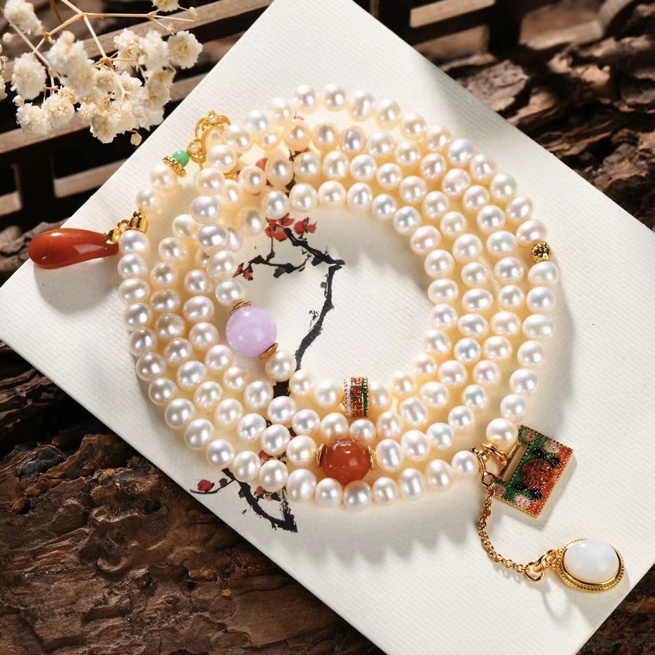 Special Interest Light Luxury National Style Natural Pearl Sweater Chain Necklace Jade South Red Spodumene Purple Duobao Bracelet One Style for Dual-Wear