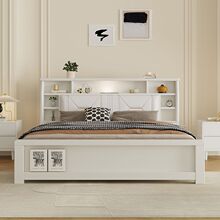 北欧奶油风实木床现代简约1.5米主卧双人床1.8米带灯高箱储物婚床