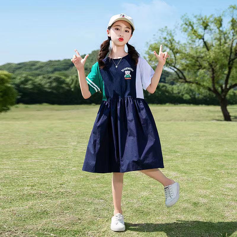 女童连衣裙夏装大童6时尚洋气9拼色公主裙小学生14岁女孩夏季裙子
