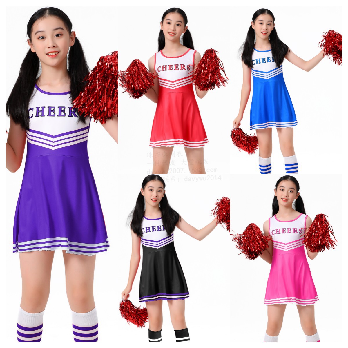 外贸货源儿童啦啦队服五色cheers无袖足球宝贝拉拉队裙女配袜全套