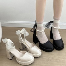 法式白色仙女风粗跟增高凉鞋女2024新款外穿丝带珍珠小个子高跟鞋