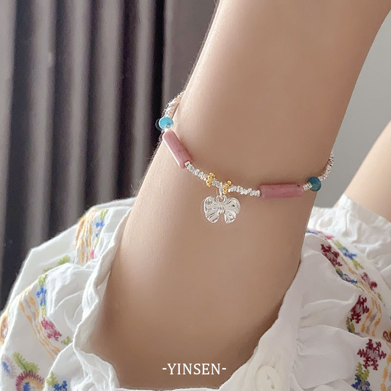 银森s925银粉蓝优化石蝴蝶结碎银手链女手工串珠少女清新夏天手饰