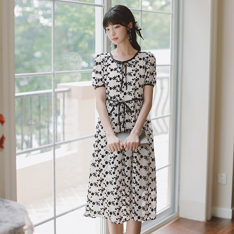 法式温柔浪漫植绒碎花高腰娃娃裙轻薄雪纺蓬松连衣裙送腰带