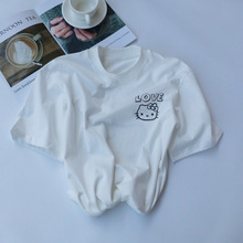 2024夏装新款白色短袖T恤女韩版减龄卡通kt猫印花宽松上衣小个子