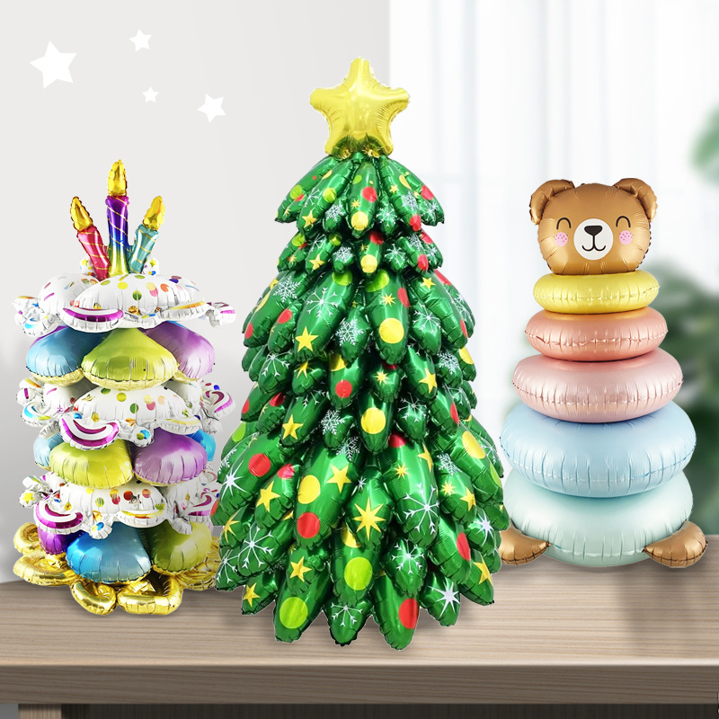 New DIY Standing Christmas Tree Stacking Bear Candle Cake Christmas Birthday Party Decoration Aluminum Film Balloon Base