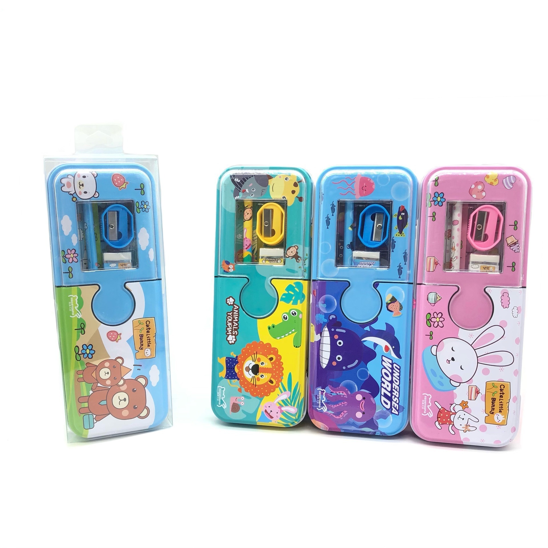 9916新款韩版pvc盒装文具盒套装卡通时尚双层笔盒铅笔5件套工厂批