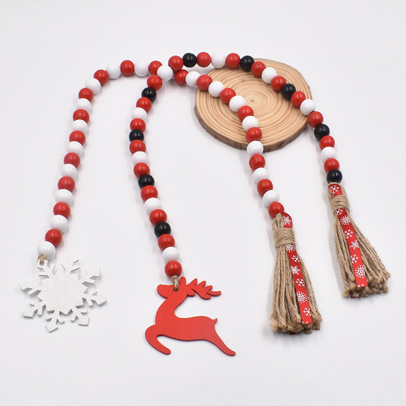 5月上新 圣诞节彩色木珠麻绳流苏串珠 手工木珠串 节日装饰挂件