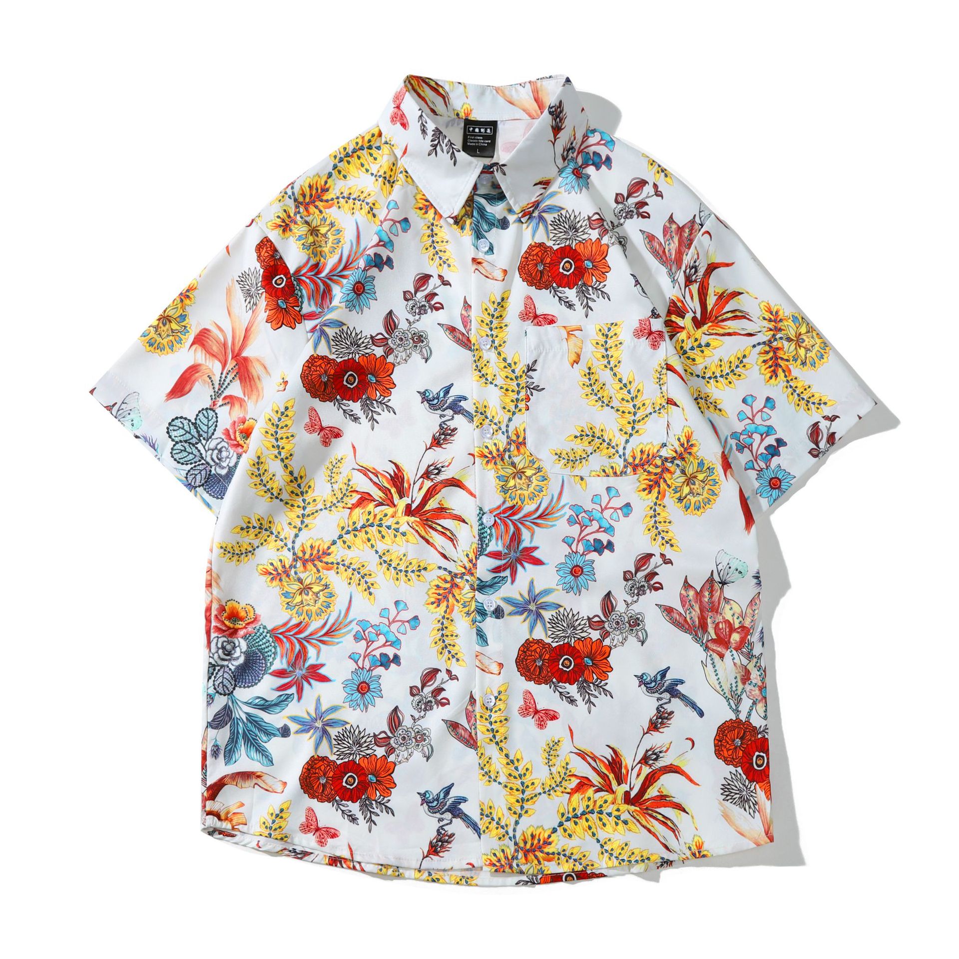 夏季日系潮牌海边沙滩花衬衫短袖男女宽松休闲夏威夷满印半袖衬衣