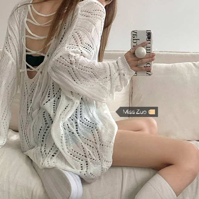 Knitted Blouse Women's Spring Sling Outer Wear 2024 New Lazy Design Sense Niche Hollow Backless Knitted Top