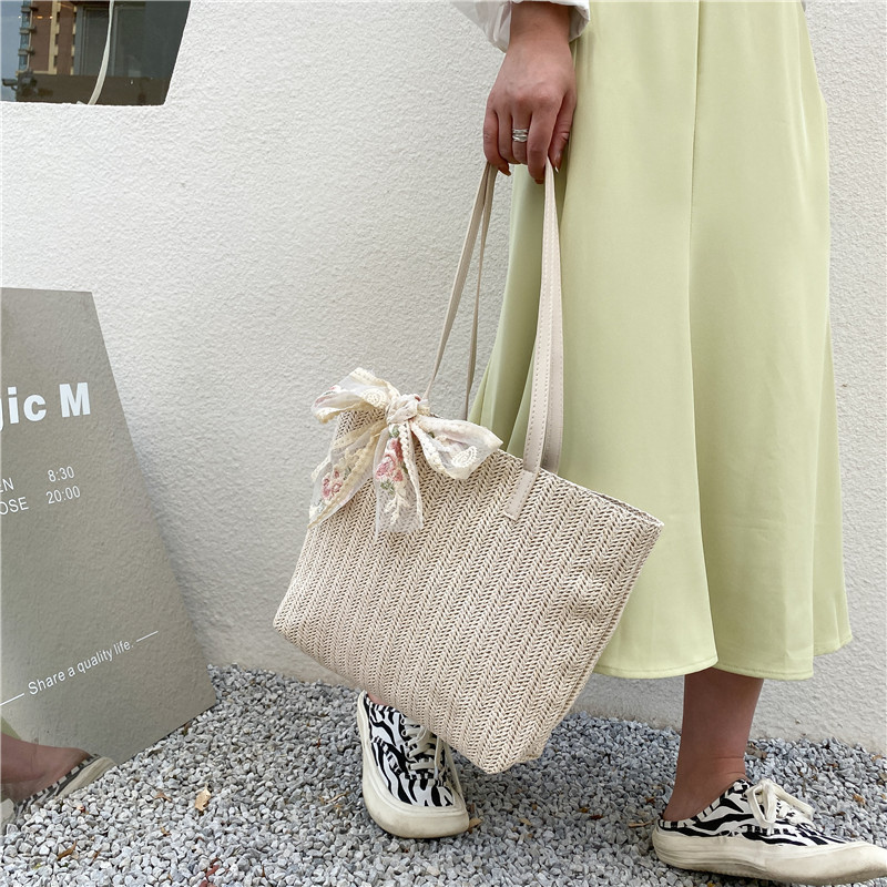 Blue Cool Straw Woven Summer Bag for Women 2021 New Fashion Portable Shoulder Bag Casual Silk Scarf Tote Bag