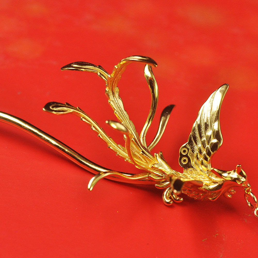 纯银镀厚金凤凰发簪汉服盘发头饰发簪结婚凤簪