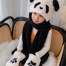 学生加厚保暖手套可爱熊猫耳朵会动亲子帽子围巾三件一体男女童冬