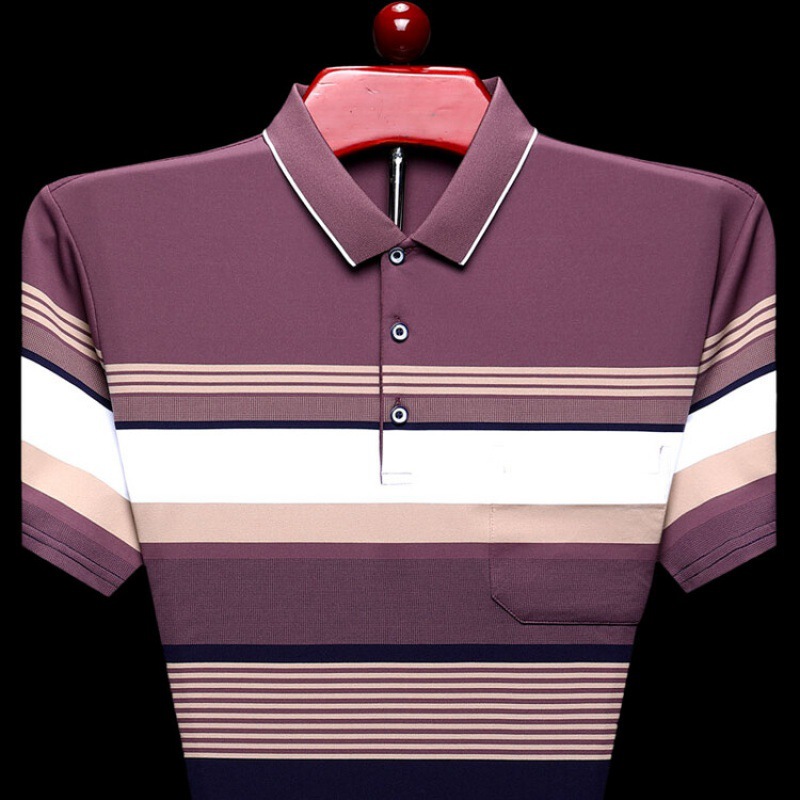 保罗中年男士t恤条纹爸爸夏装短袖中老年男装上衣服透气polo衫