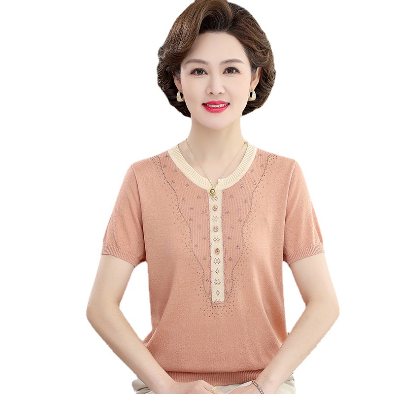 Mom's Summer Wear Middle-Aged and Elderly Women's Clothing Loose Ice Silk T-shirt Thin Sweater 2024 Summer Short Sleeve Belly Covering Clothes