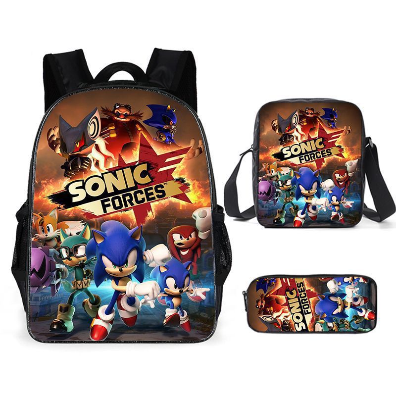 Cross-Border Hot Selling Sonic Elementary School Student Schoolbag Three-Piece Set Cartoon Animation Backpack Shoulder Bag Pencil Case