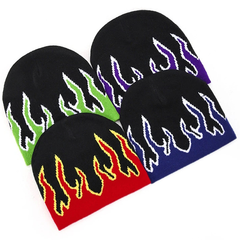亚马逊爆款哥特式火焰提花套头针织帽街头嘻哈户外保暖毛线帽冷帽
