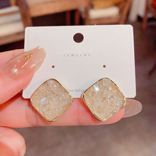 S925银针几何水晶方形耳钉设计感精致百搭耳环韩国时尚网红耳饰品