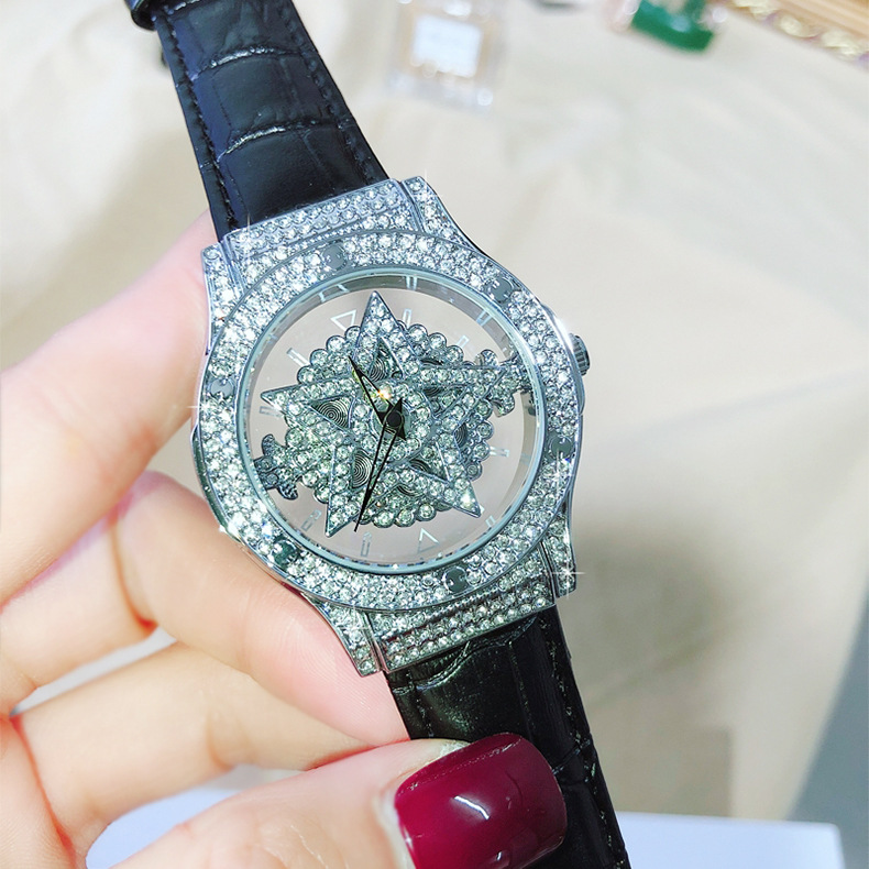 五芒星镶钻时来运转手表抖音快手直播直供五角星镂空满天星时装表