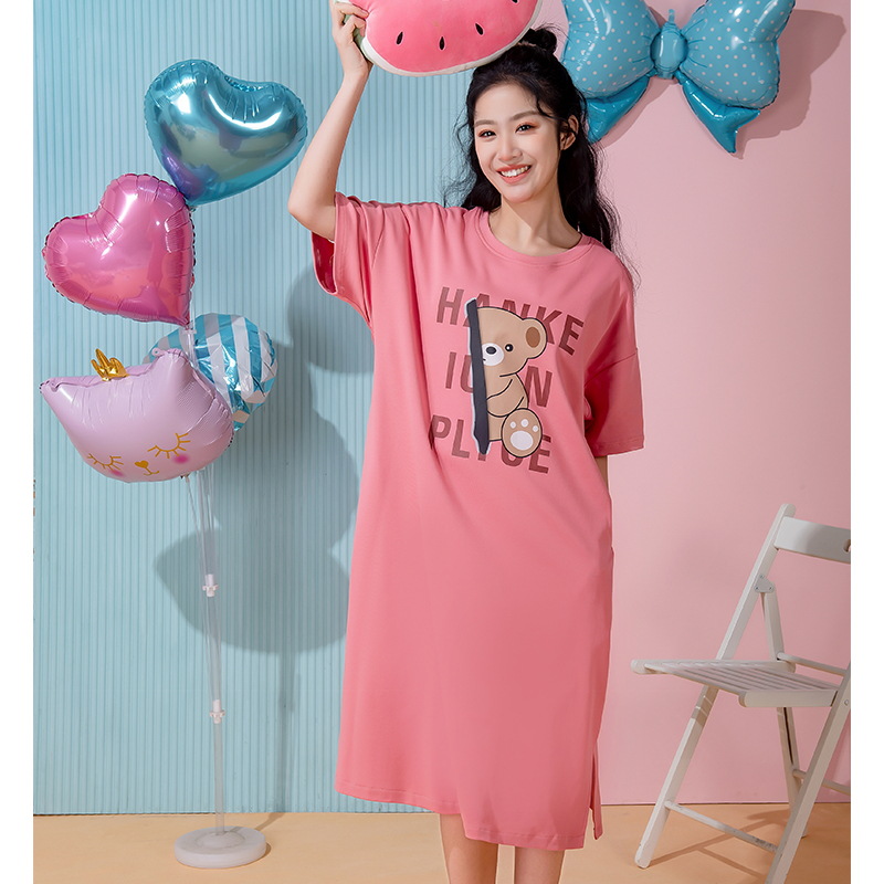 Summer Thin Nightdress Women's Modal with Chest Pad Short Sleeve Outer Wear Mid-Length Pajamas Cartoon plus Size Homewear