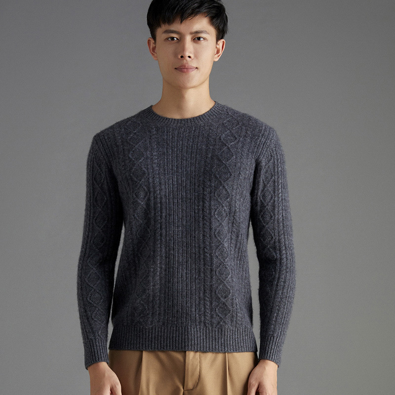羊绒衫男2021秋冬季青年棒针圆领加厚毛衣纯色提花针织衫羊绒衫