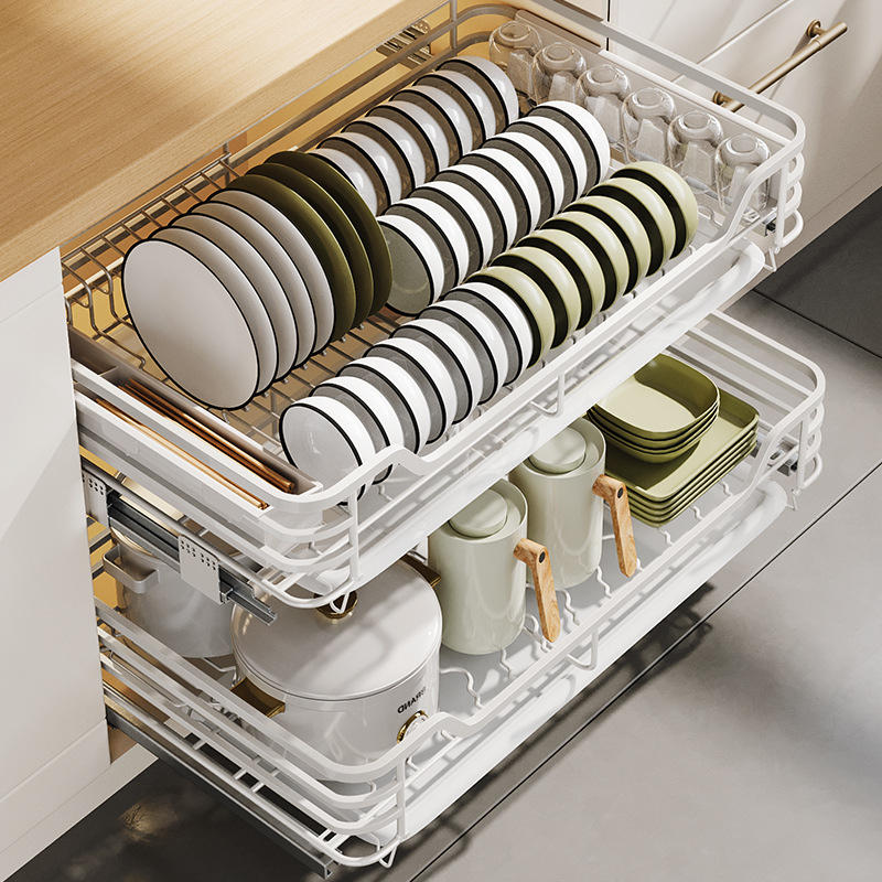 拉篮厨房橱柜双层调味碗碟柜内304不锈钢内置收纳碗架抽屉式碗篮
