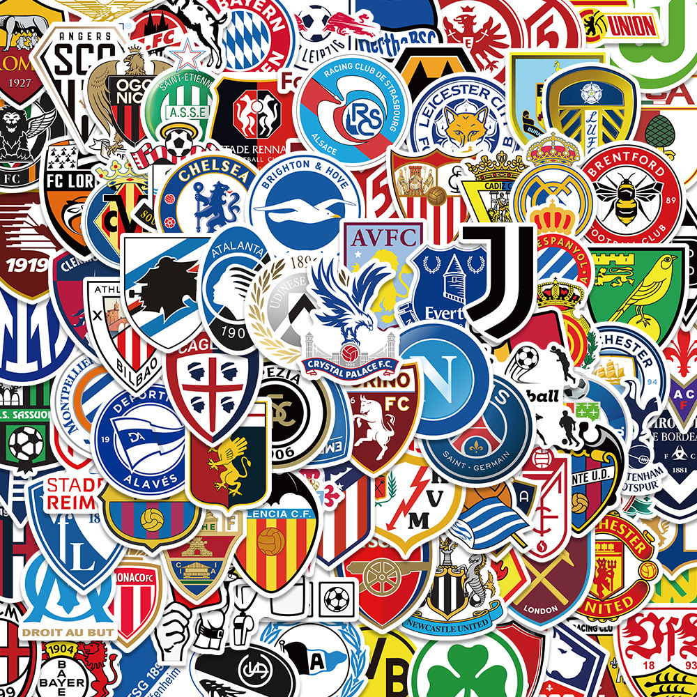 100张足球俱乐部队徽笔记本行李箱吉他防水自粘跨境装饰涂鸦贴纸