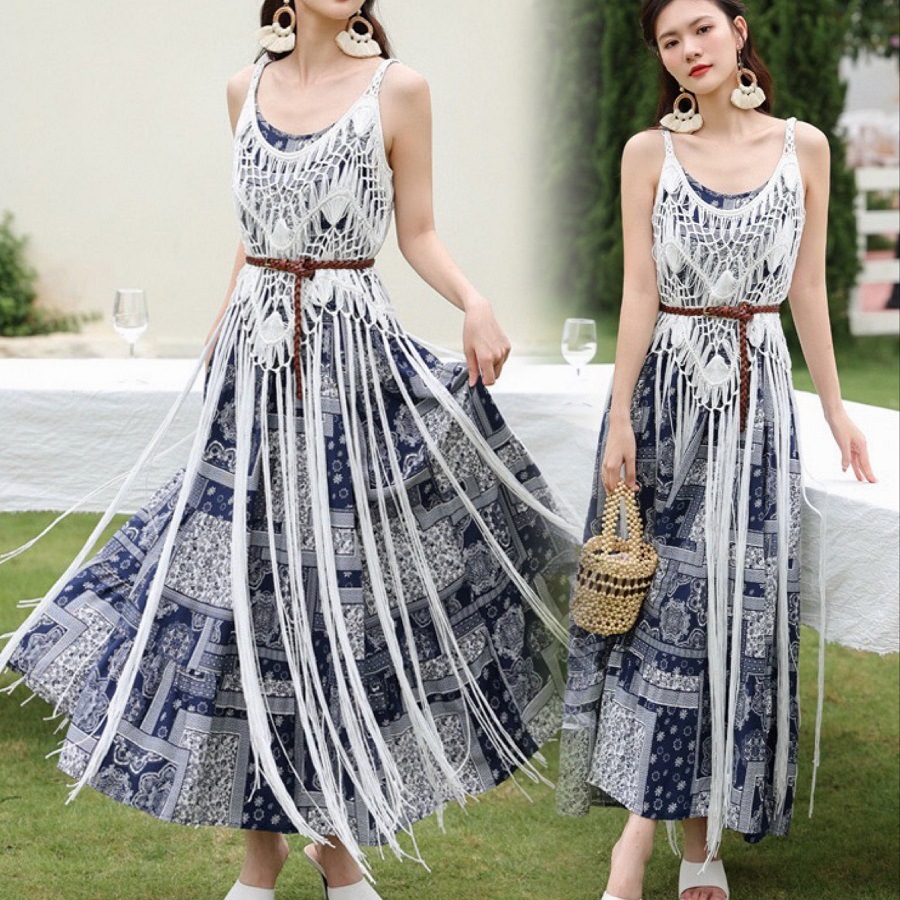 民族风连衣裙云南泰国风旅行度假休闲吊带蓝色印花夏季宽松大摆裙