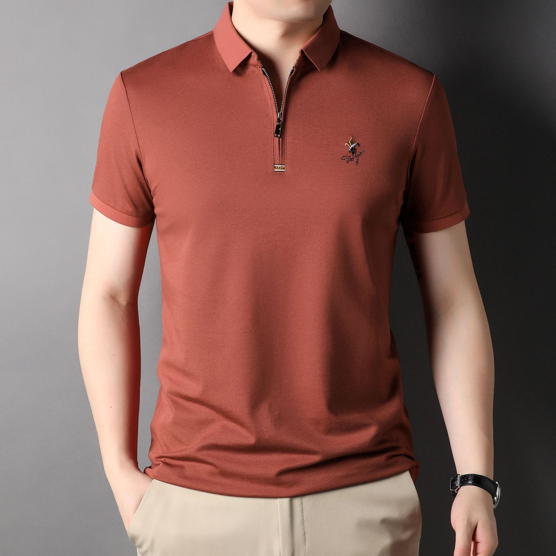 2024夏季短袖翻领polo衫薄款透气拉链款中年男商务休闲男装工作服