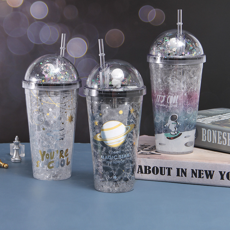 creative trending ins style double-layer plastic cup student with light tumbler micro planet spaceman straw cup
