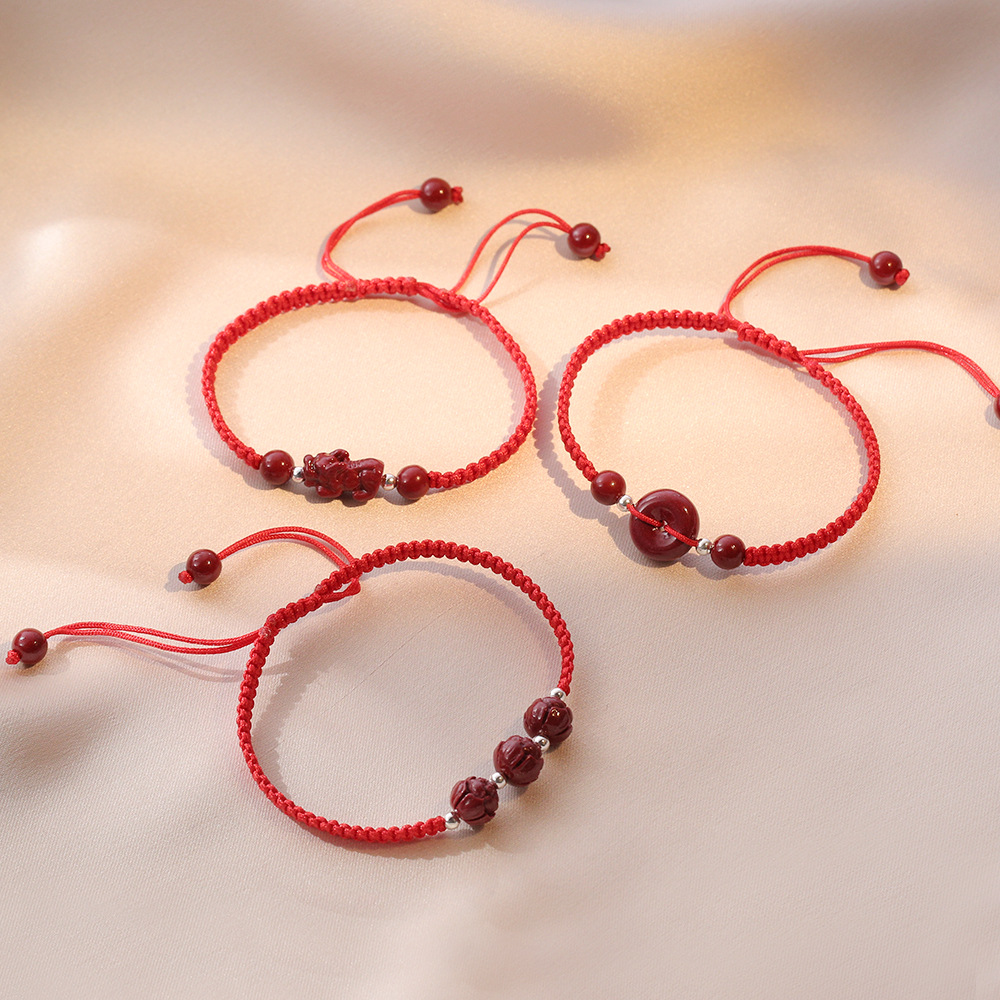 手链女 日韩风s925银手链女原矿朱砂六字麒麟红绳编织线红手绳