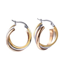 不锈钢三环多层重叠金色耳环欧美时尚气质百搭圆形圆圈不褪色耳饰