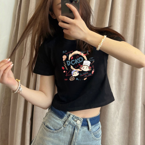 2023 New Cotton Shoulder Short T-shirt Women's Summer Design Short Sleeve Loose White High-Waist T-shirt Top