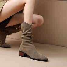 法式复古西部牛仔靴女2023春秋新款堆堆靴软皮磨砂粗跟中筒短靴子