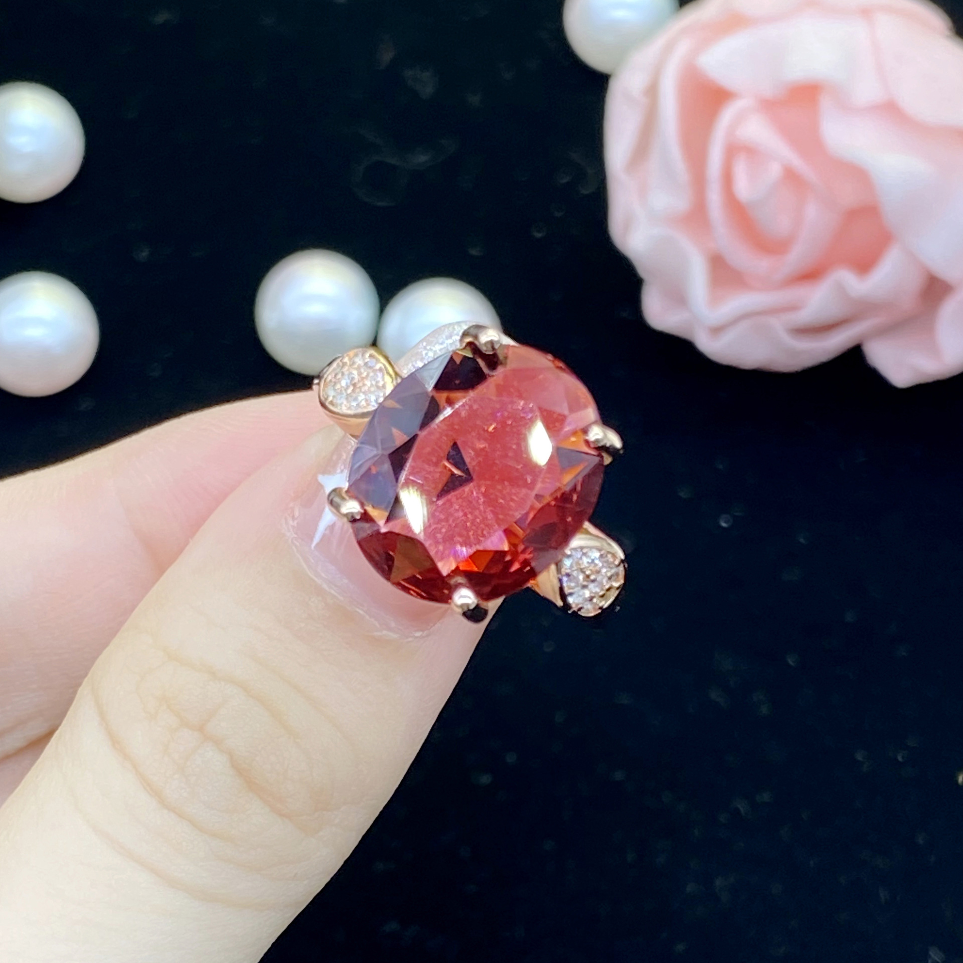 新品气质椭圆形仿真红碧玺宝石彩宝开口戒指女 网红直播指环货源