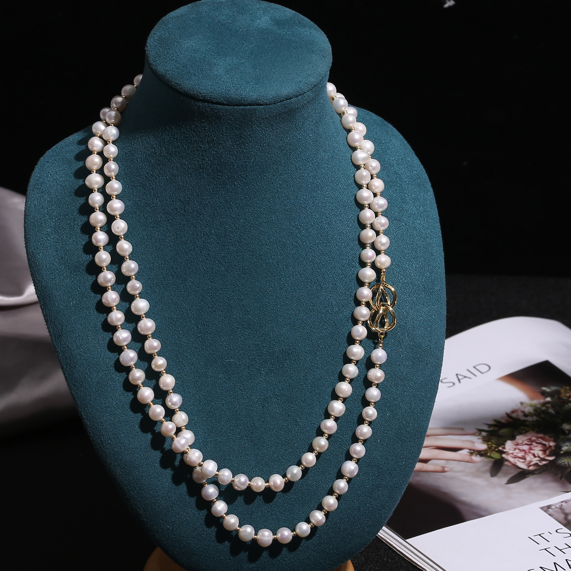 淡水近圆珍珠14k包金毛衣链长款项链双层大小百搭大气一款多戴