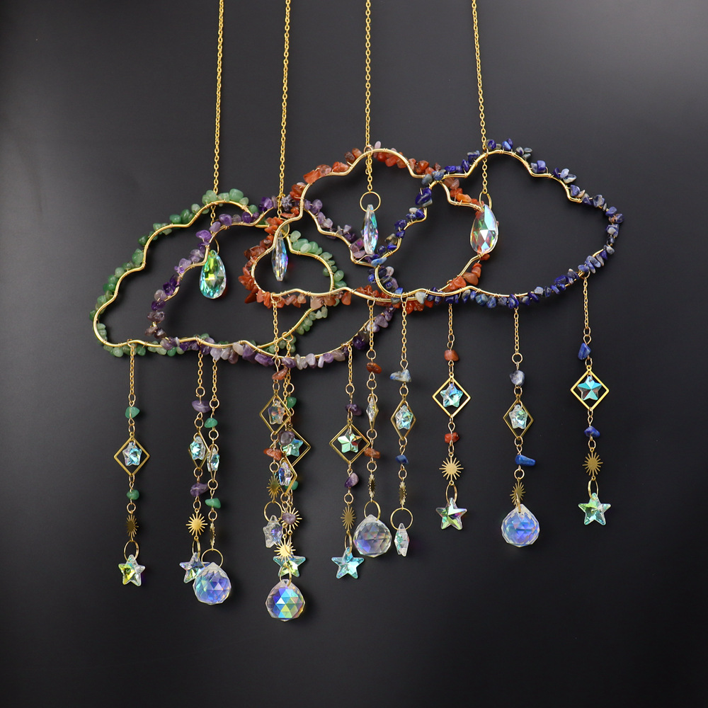 手工绕线天然水晶碎石云彩云朵太阳星星捕手挂饰风铃装饰挂件t51