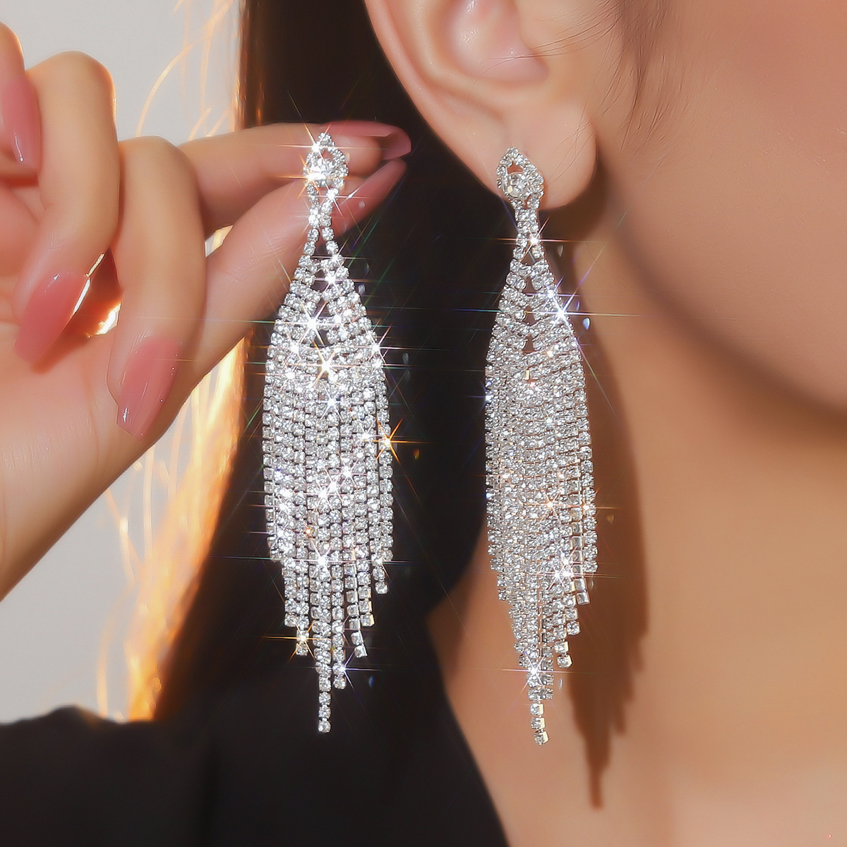 跨境爆款 时尚超闪水钻长款流苏耳环女 气质奢华闪亮镶钻耳钉耳饰