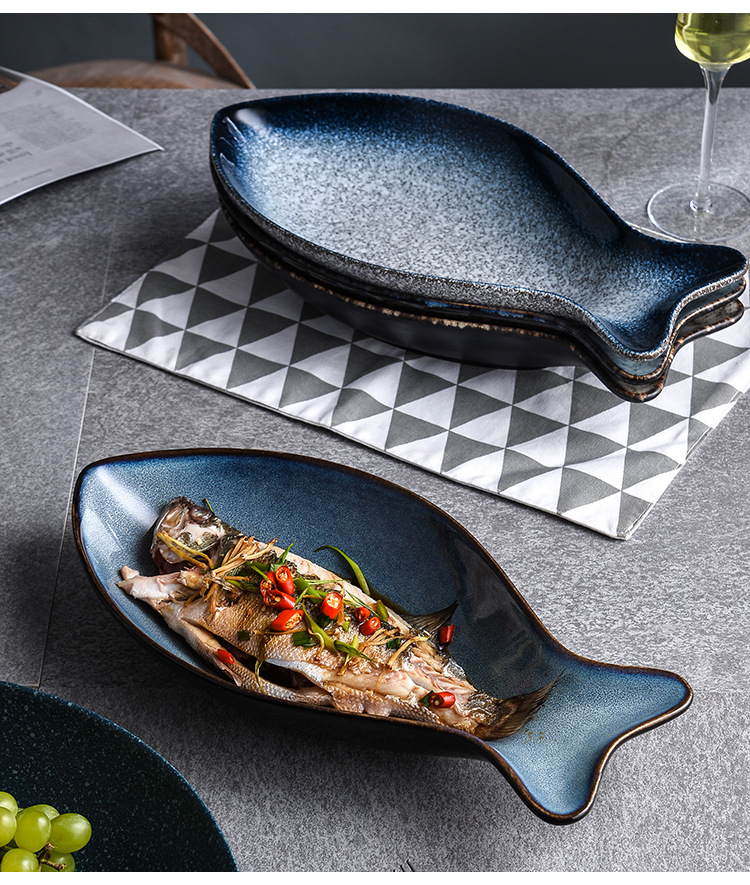 大号鱼形盘日式蒸鱼盘子家用陶瓷个性创意商用餐厅鱼盘菜盘