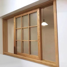 9C实木推拉窗日式上下翻转对开木窗定 制花格厨房卫生间室内窗折