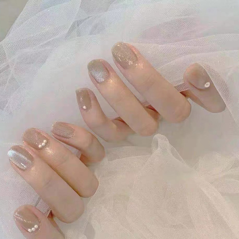 39珍珠猫眼晶石美甲贴片成品假指甲显白可拆卸穿戴甲短款持久摘戴